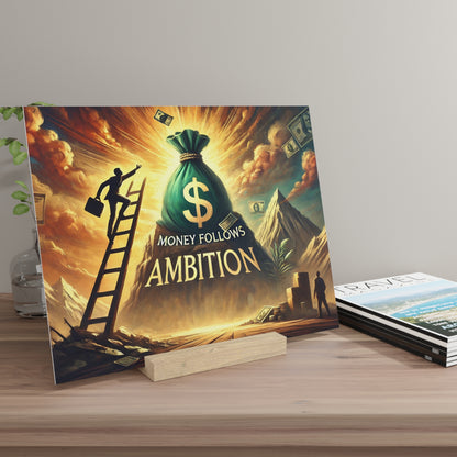 Poster depicting a large green money bag with a dollar sign, a ladder, and the phrase Money Follows Ambition.