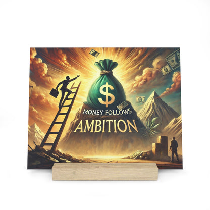 Illustration of a large green money bag with a dollar sign on a mountain, a man on a ladder reaching up, and flying bills.