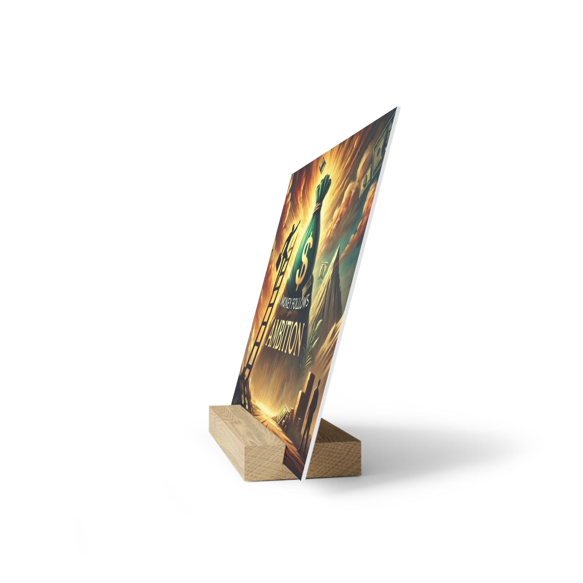 Vertical poster on a light wood stand, angled, featuring a colorful image with a large dollar sign and text.