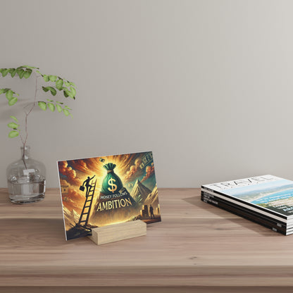 Colorful card on a small wooden stand on a wooden desk, depicting a money bag and the text “Money Follows Ambition.”