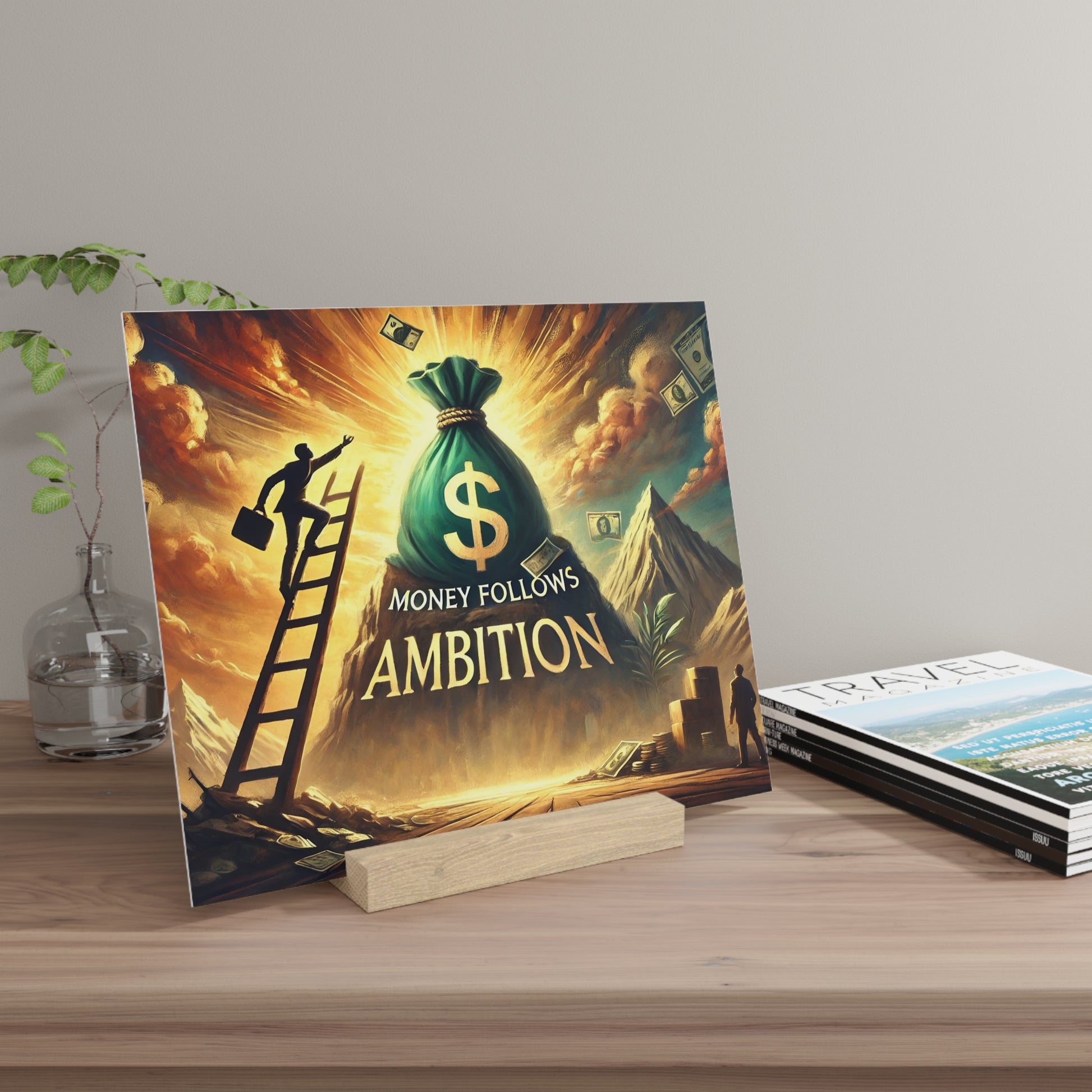 Colorful art print featuring a green money bag atop a mountain with the words “Money Follows Ambition,” a ladder reaching toward it, and