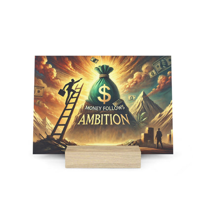 Colorful illustration of a green money bag on a mountain with the text "Money Follows Ambition" and a ladder reaching toward it.