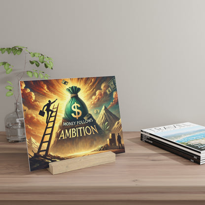 Colorful poster on a wooden stand features a green money bag and the words "Money Follows Ambition" with a ladder and mountains.