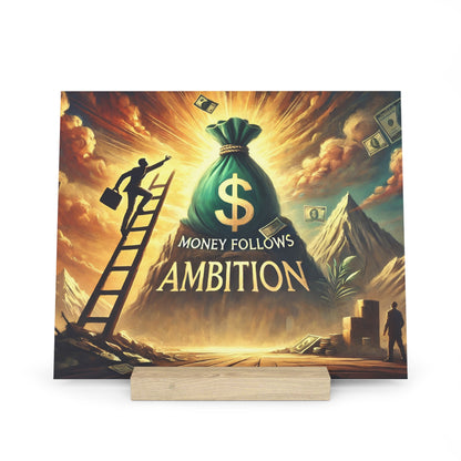 Fantasy poster of a green money bag on a mountain, with a man climbing a ladder and the caption 'Money Follows Ambition'.