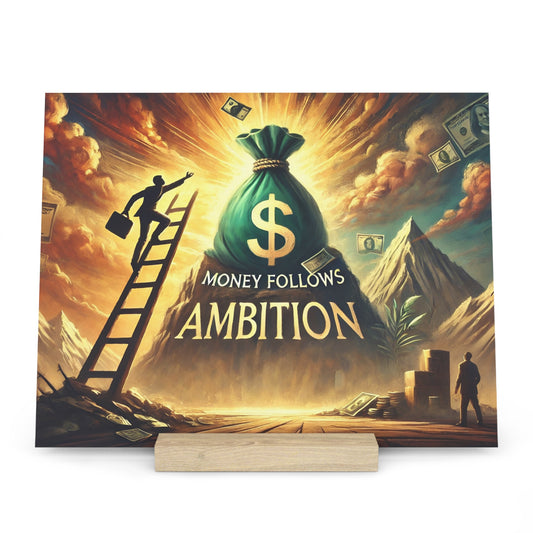 Illustration of a large green money bag with a dollar sign on a mountain, with a ladder and the text “Money Follows Ambition.”