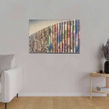 Canvas art showing a rainbow-tinted row of currency banknotes standing upright on a ledge.