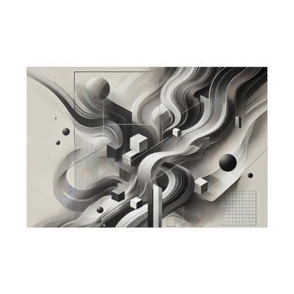 Abstract grayscale artwork featuring swirling ribbons, geometric cubes, spheres, and a grid pattern on a beige background.