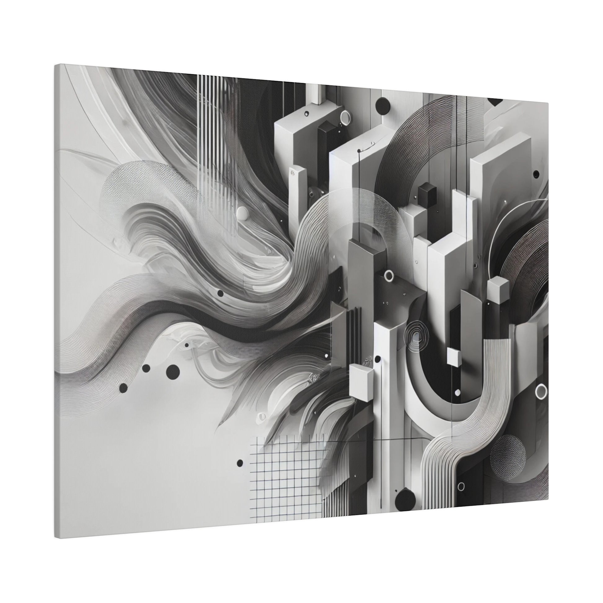 Abstract black-and-white geometric artwork with layered blocks, curves, and spirals forming a cityscape-like composition.