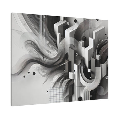 Abstract black-and-white geometric artwork with layered blocks, curves, and spirals forming a cityscape-like composition.