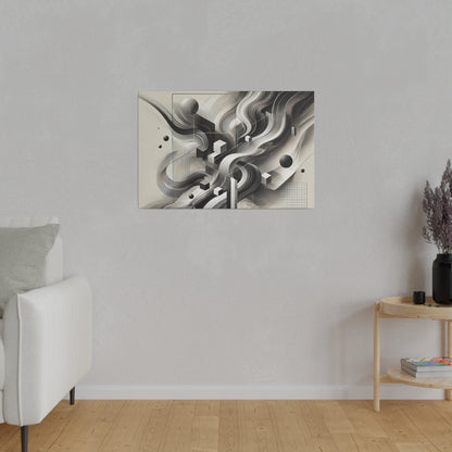 Abstract black-and-white geometric artwork mounted on a light beige wall above a sofa.