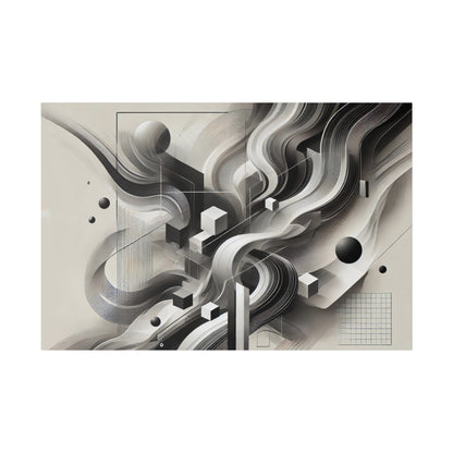 Abstract grayscale artwork featuring flowing, curved lines with black and white cubes and spheres on a pale background.
