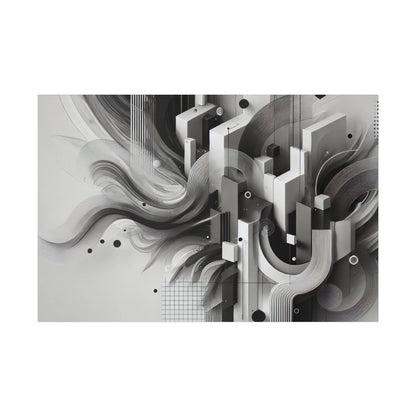 Abstract grayscale 3D geometric art print with blocks, curves, and circles on a light gray background.