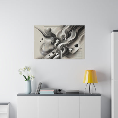 Abstract grayscale wall art above a white cabinet with a yellow lampshade, a light blue vase of white flowers, and stacked books.