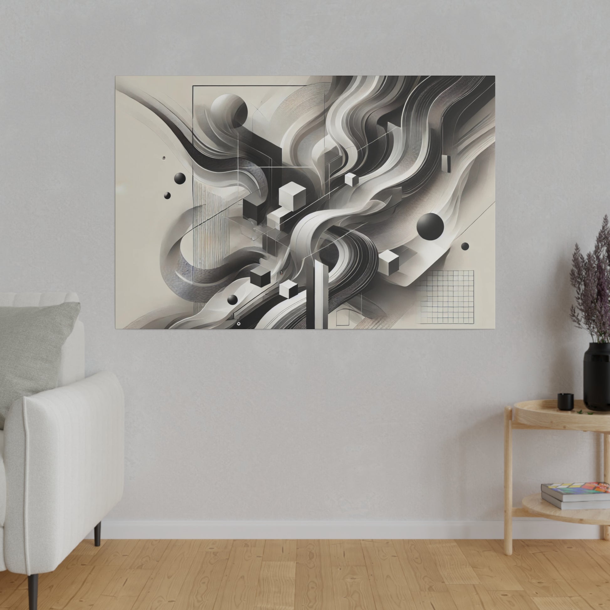 Monochrome abstract wall art featuring swirling grayscale waves, geometric cubes, and grid elements.