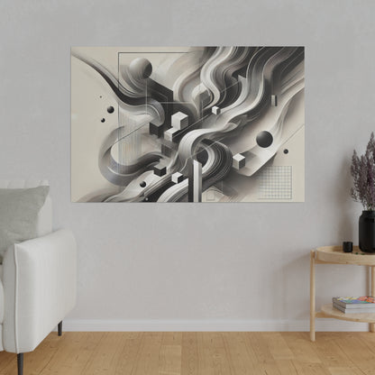 Monochrome abstract wall art featuring swirling grayscale waves, geometric cubes, and grid elements.
