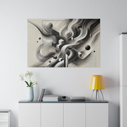 Abstract grayscale geometric wall art hung above a white cabinet with a yellow lamp and a vase of white flowers.