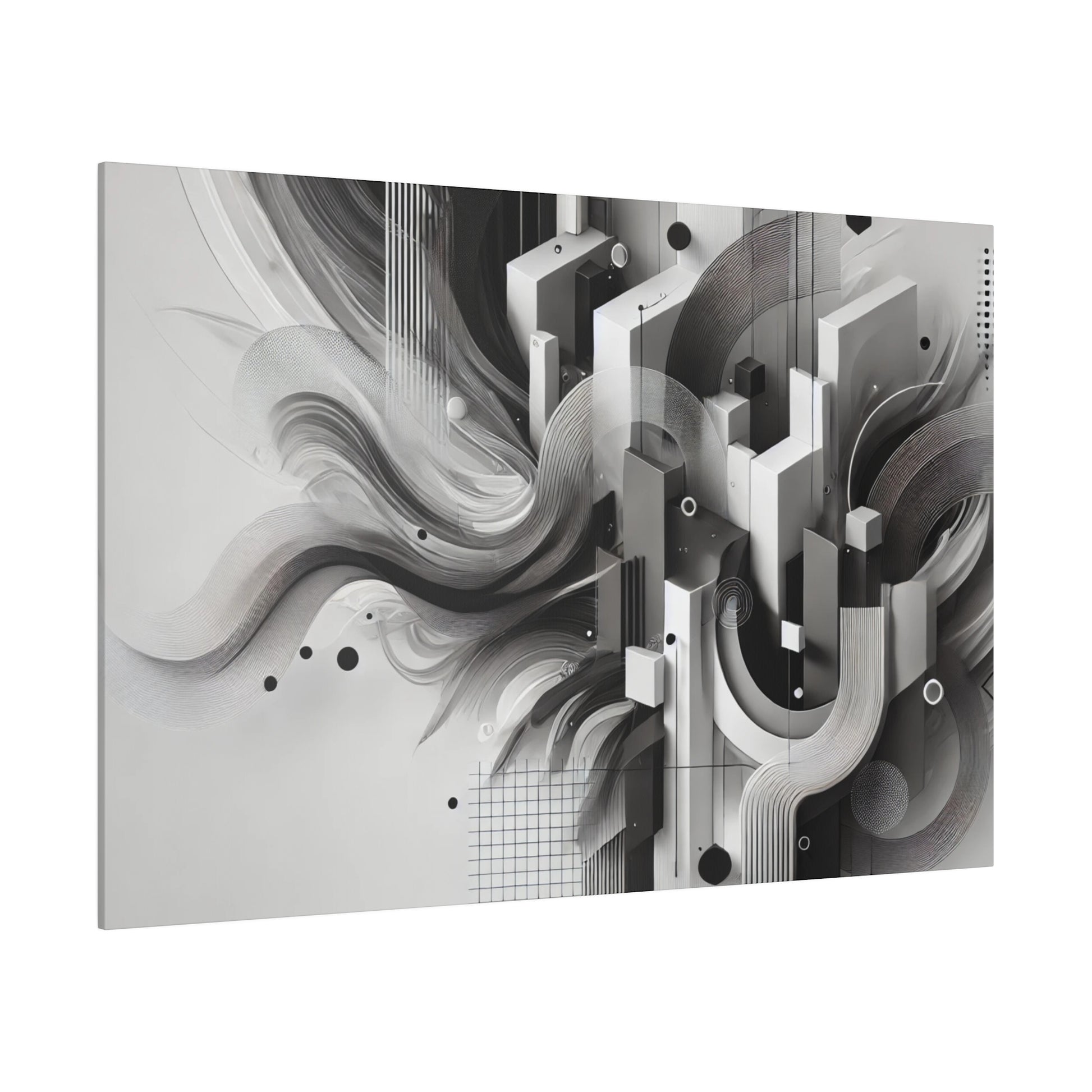 Abstract grayscale artwork featuring tall white and gray geometric blocks, curved lines, and circular accents.