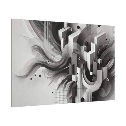 Abstract grayscale artwork featuring tall white and gray geometric blocks, curved lines, and circular accents.