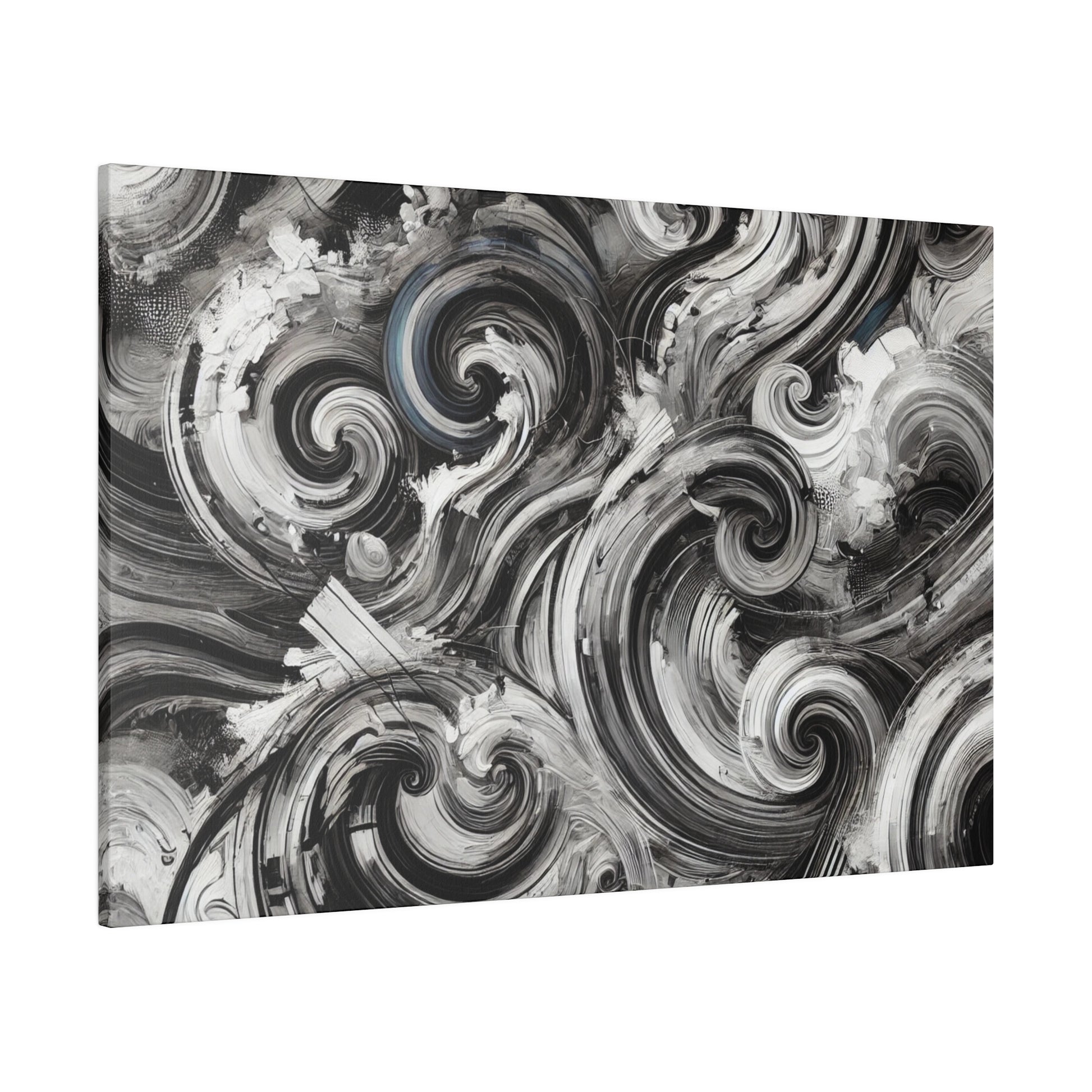 Rectangular canvas featuring an abstract black, white, and gray swirl pattern with textured brushstrokes.