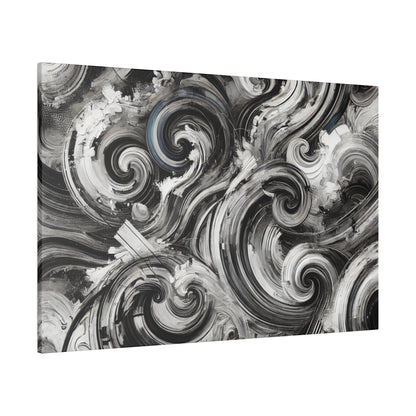 Rectangular canvas featuring an abstract black, white, and gray swirl pattern with textured brushstrokes.