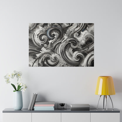 Black and white abstract swirl painting mounted on a light gray wall above a sideboard with a pale blue vase of white orchids and a yellow
