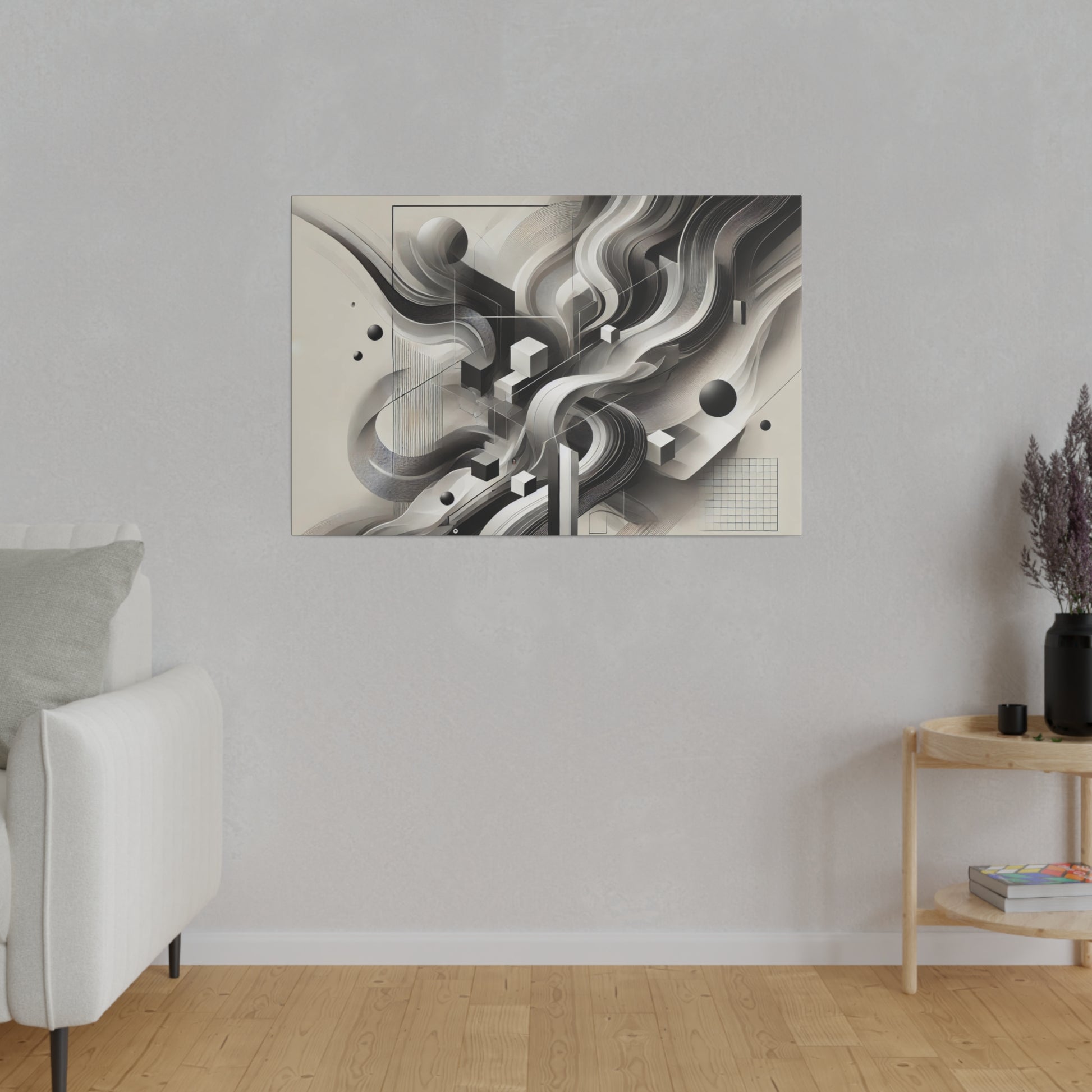 Abstract black-and-white abstract wall art with swirling shapes hanging on a light gray wall above a minimalist living room.