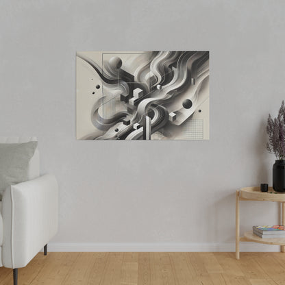 Abstract black-and-white abstract wall art with swirling shapes hanging on a light gray wall above a minimalist living room.