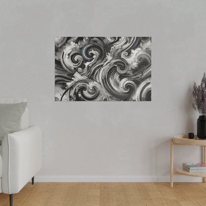 Abstract black-and-white swirling pattern canvas hung on a light gray wall above a beige sofa in a living room.
