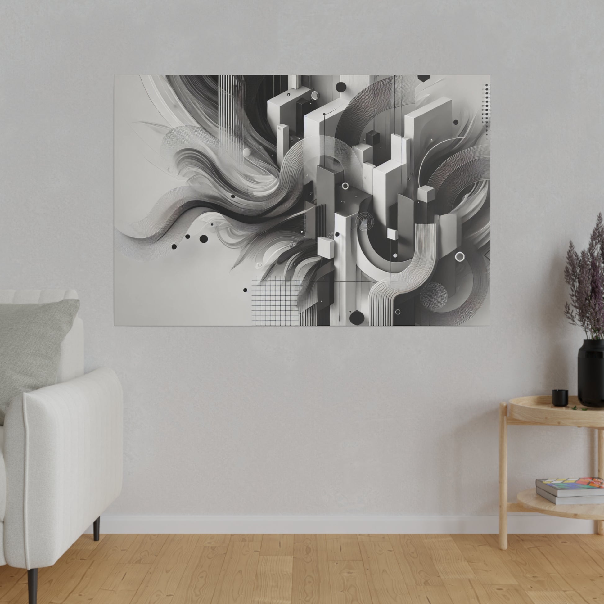 Three-panel black-and-white abstract geometric artwork mounted on a light gray wall in a living room.
