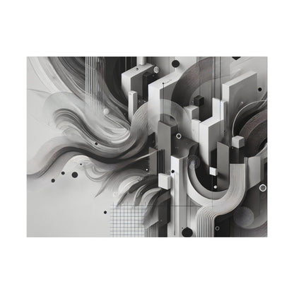 Abstract grayscale artwork featuring geometric blocks, curved lines, and circular motifs forming a layered, cityscape‑like composition.