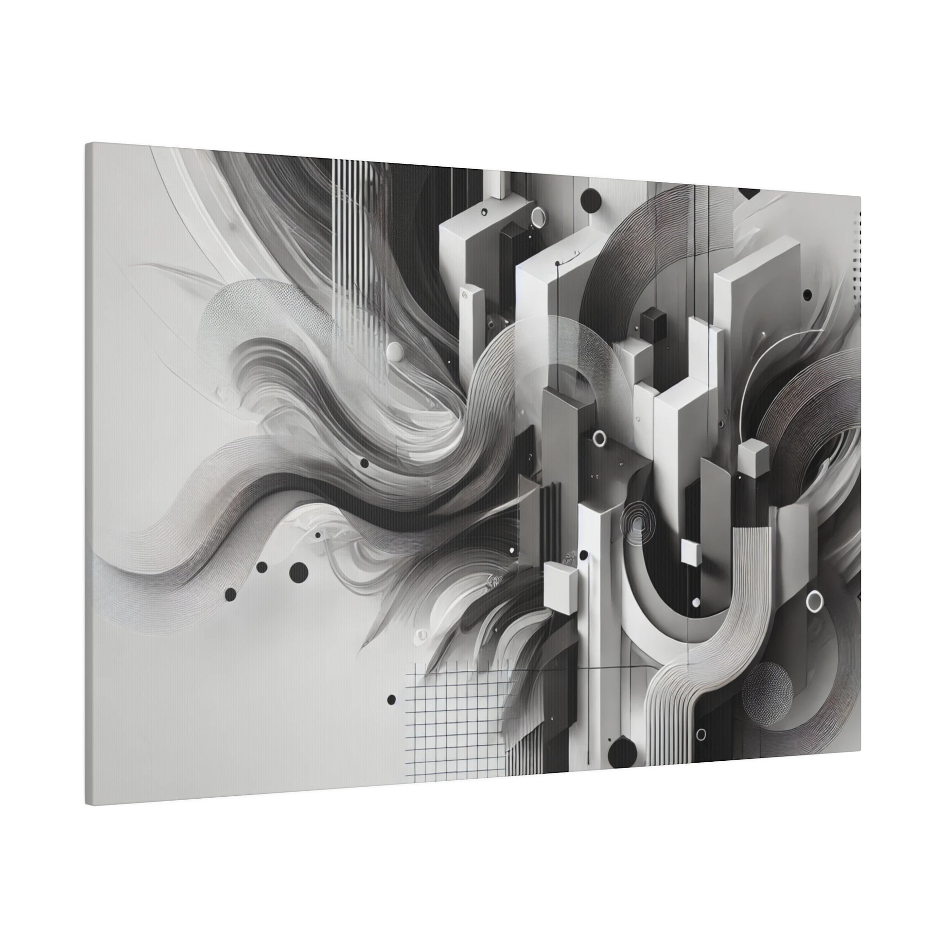 Abstract grayscale geometric composition featuring blocks, spirals, and curved lines on a light gray background.