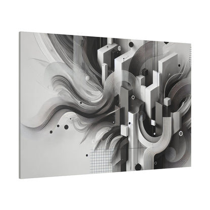 Abstract grayscale geometric composition featuring blocks, spirals, and curved lines on a light gray background.