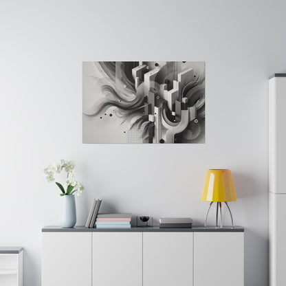 Gray abstract geometric artwork hanging above a white sideboard with a yellow lamp, vase of white orchids, and stacked books.