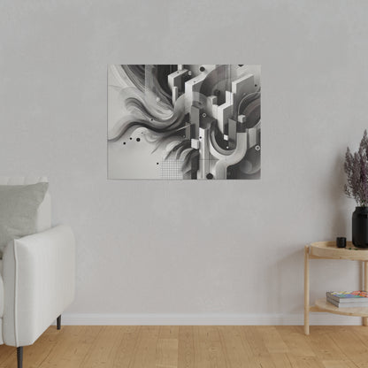 Black and white abstract geometric artwork mounted on a light gray living room wall.