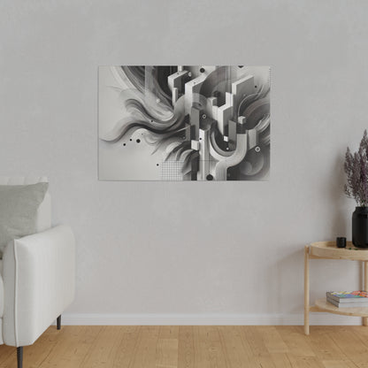 Gray abstract geometric wall art with black and white shapes mounted on a light gray living room wall.