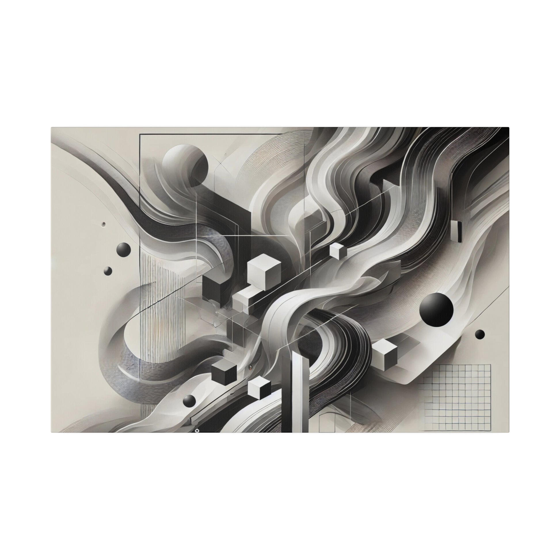 Abstract grayscale wall art with swirling curves, geometric blocks, and grid patterns on a beige background.