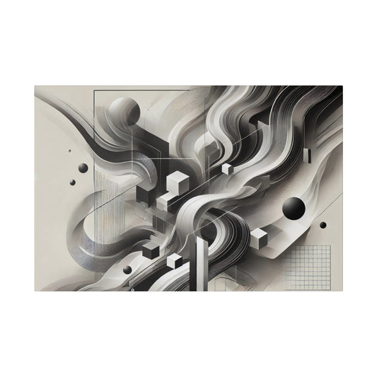 Abstract grayscale wall art with swirling curves, geometric blocks, and grid patterns on a beige background.
