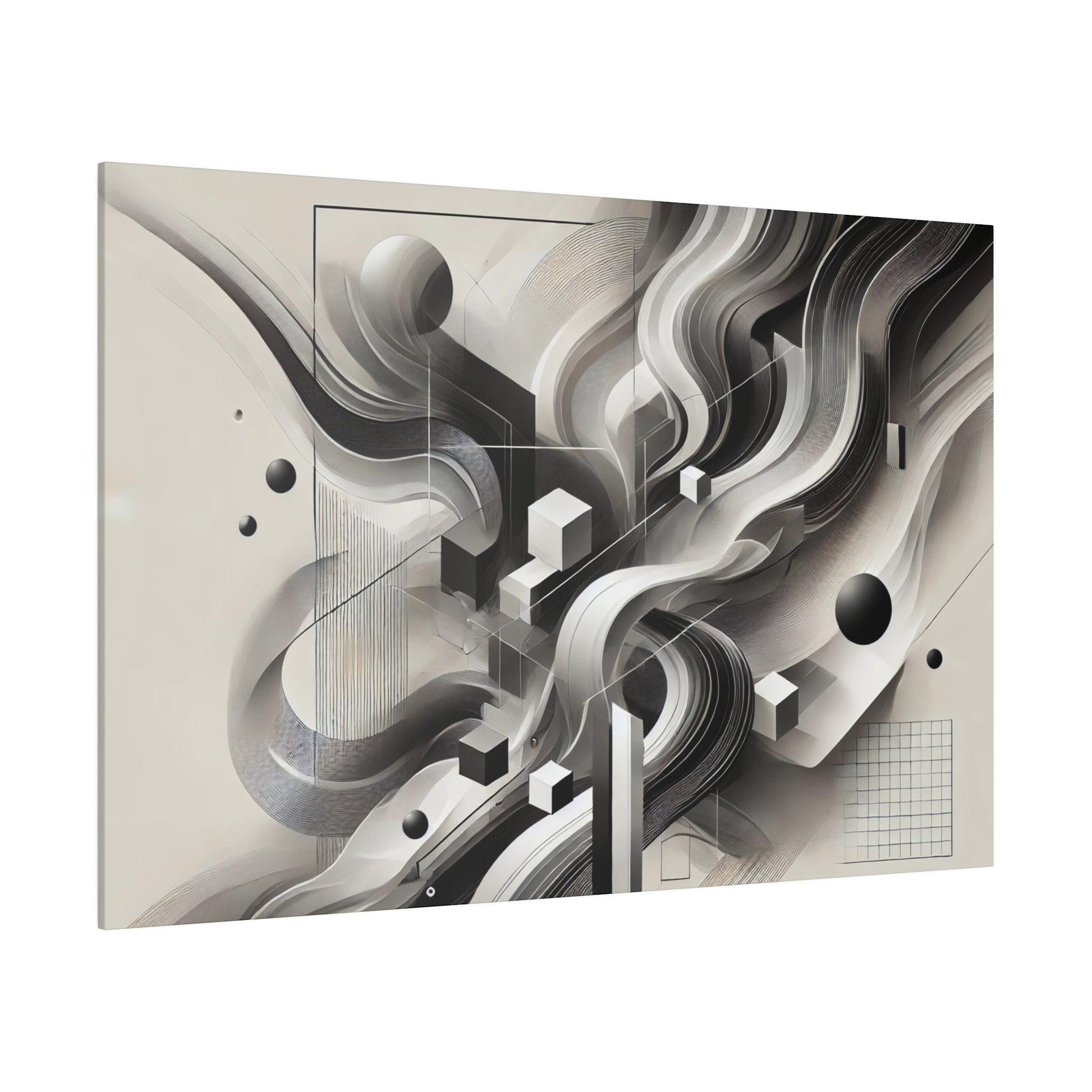 Abstract grayscale artwork with flowing black and white ribbons, geometric cubes, and grid patterns on a light beige background.
