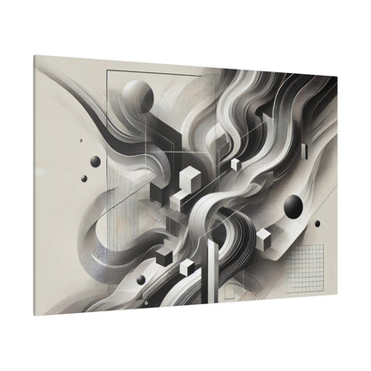 Abstract grayscale artwork with flowing black and white ribbons, geometric cubes, and grid patterns on a light beige background.