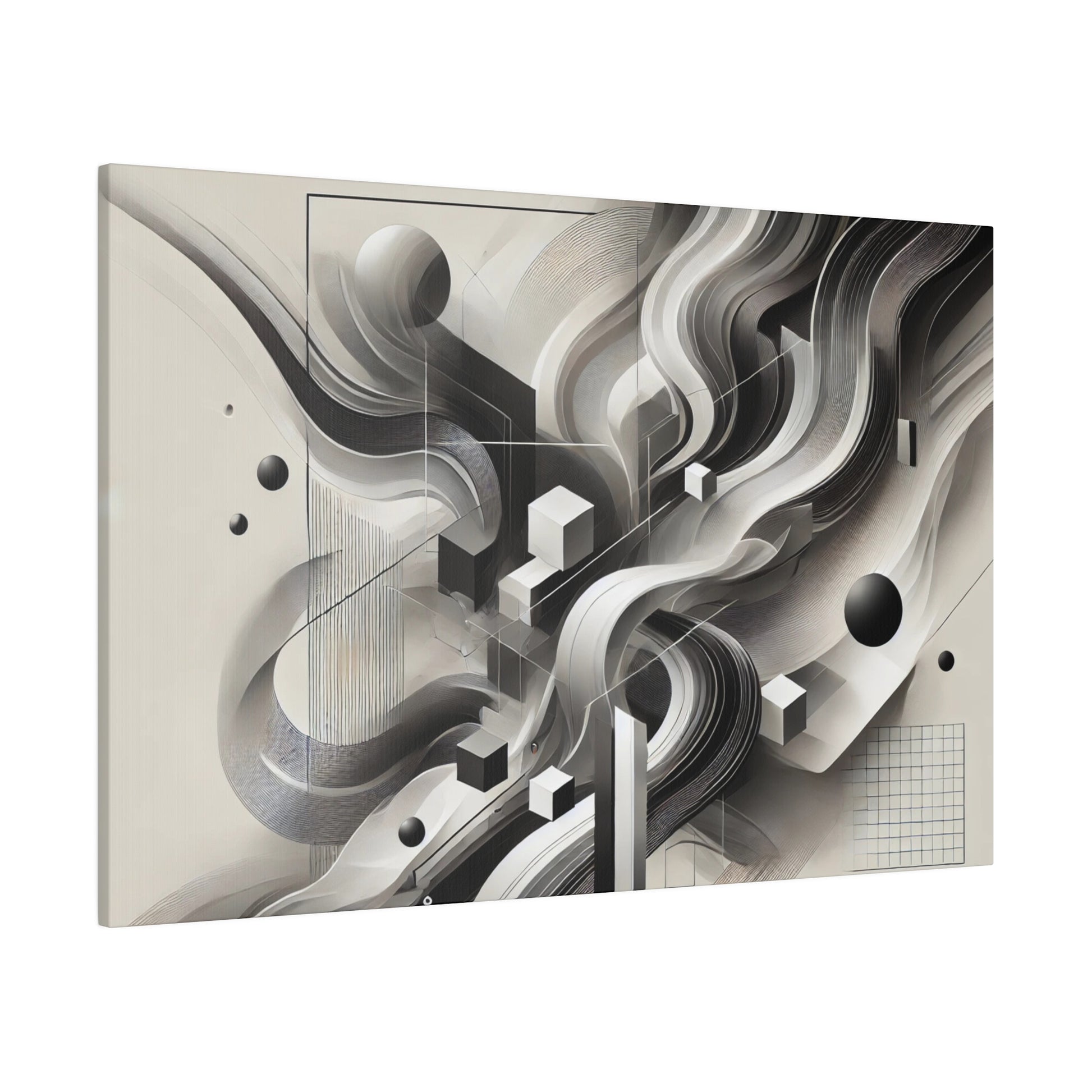 Abstract grayscale artwork featuring flowing curves, geometric cubes, and grid patterns on a beige-toned canvas.