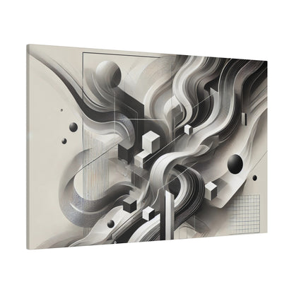 Abstract grayscale artwork featuring flowing curves, geometric cubes, and grid patterns on a beige-toned canvas.