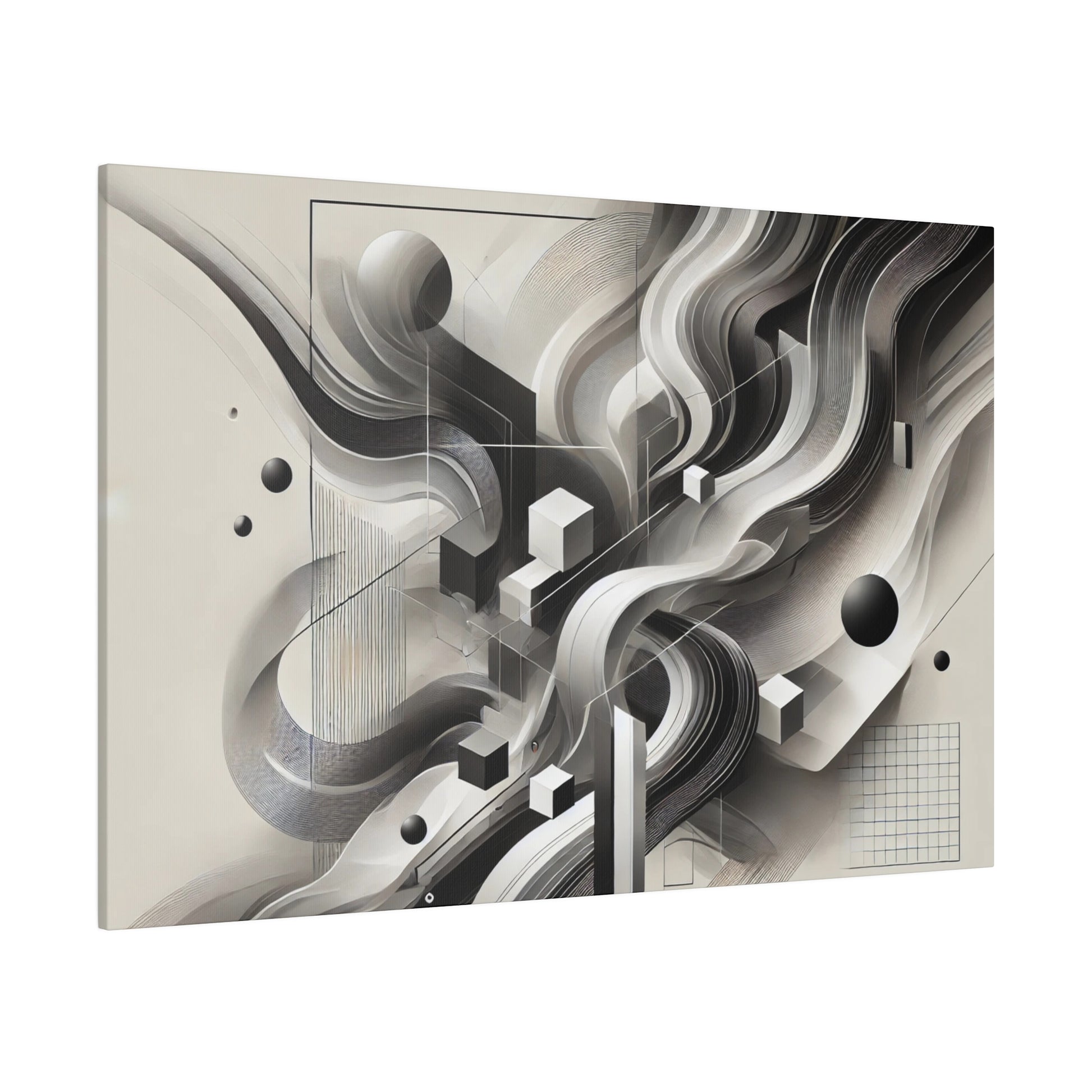 Abstract grayscale artwork on canvas featuring flowing curves, geometric blocks, and grid lines.