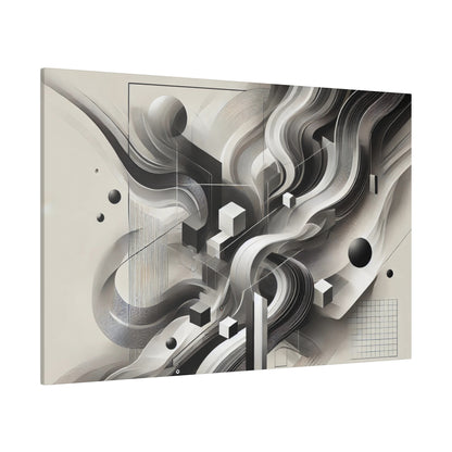 Abstract grayscale artwork on canvas featuring flowing curves, geometric blocks, and grid lines.