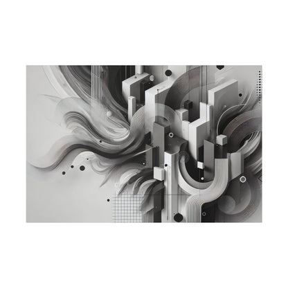 Abstract black, white, and gray geometric art with layered rectangles, curves, and lines forming a stylized cityscape.