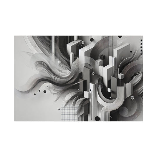 Abstract black, white, and gray geometric art with layered rectangles, curves, and lines forming a stylized cityscape.
