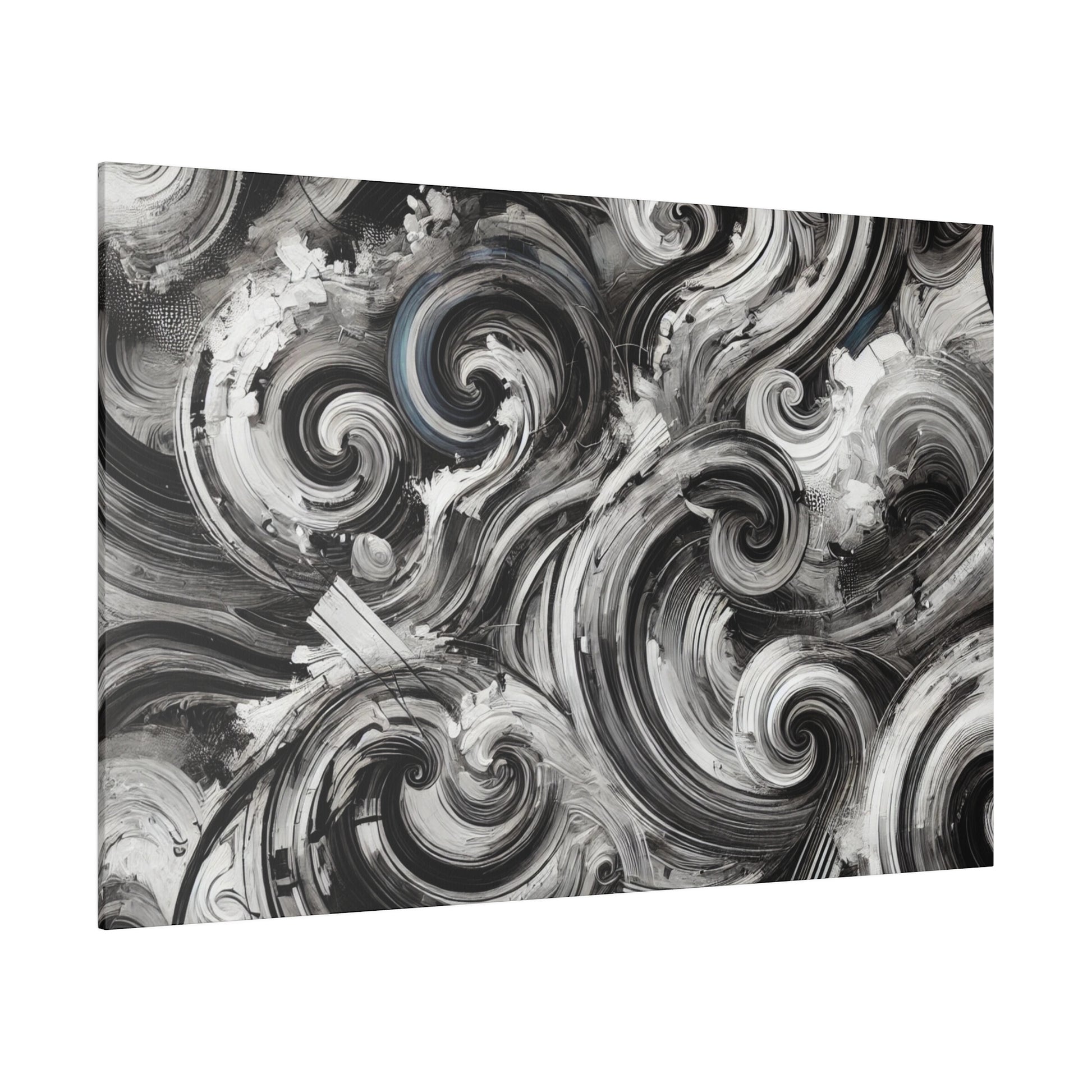 Abstract black, white, and gray swirling pattern on a canvas wall art.