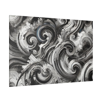 Abstract black, white, and gray swirling pattern on a canvas wall art.