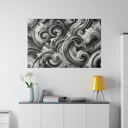 Black-and-white abstract swirl painting hung above a white sideboard, with a yellow lamp and vase of white flowers.