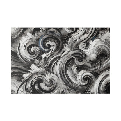 Abstract black, white, and gray swirling pattern on a canvas with bold brush strokes.