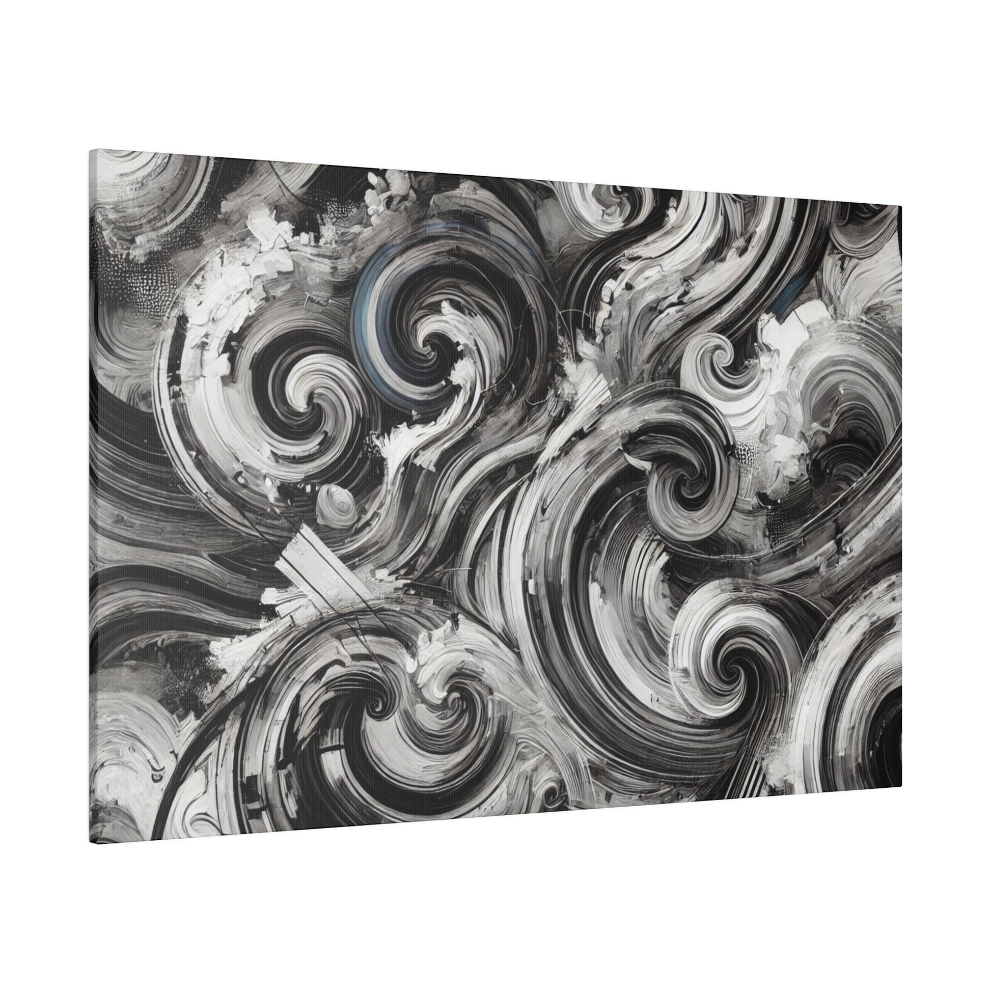 Abstract black, white, and gray swirling pattern on a rectangular canvas.
